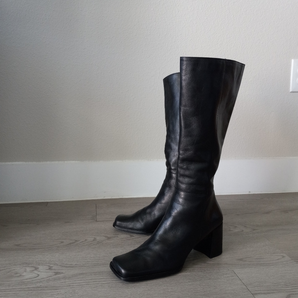 90's Nine West Vintage Y2K Square Toe High Black Leather Boots - Picture 3 of 16